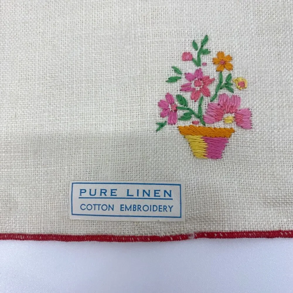 Vintage Linen Napkins Lot of 4 Floral Embroidered Ivory Red Pink